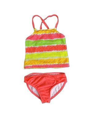 OP Girl's 2-Piece Crochet Top Cross-Back Pink Striped Bikini, Size XS (4-5)